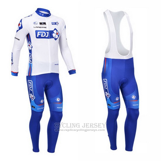 2013 Cycling Jersey FDJ White and Sky Blue Long Sleeve and Bib Tight